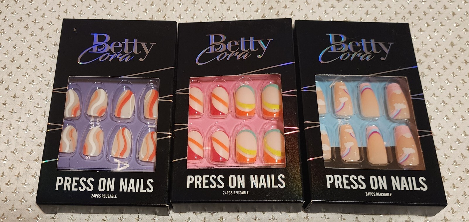 Lot 12 Sets Betty Cora Press On Nails NIB Hearts Rainbows Bunny Mushrooms Ghosts