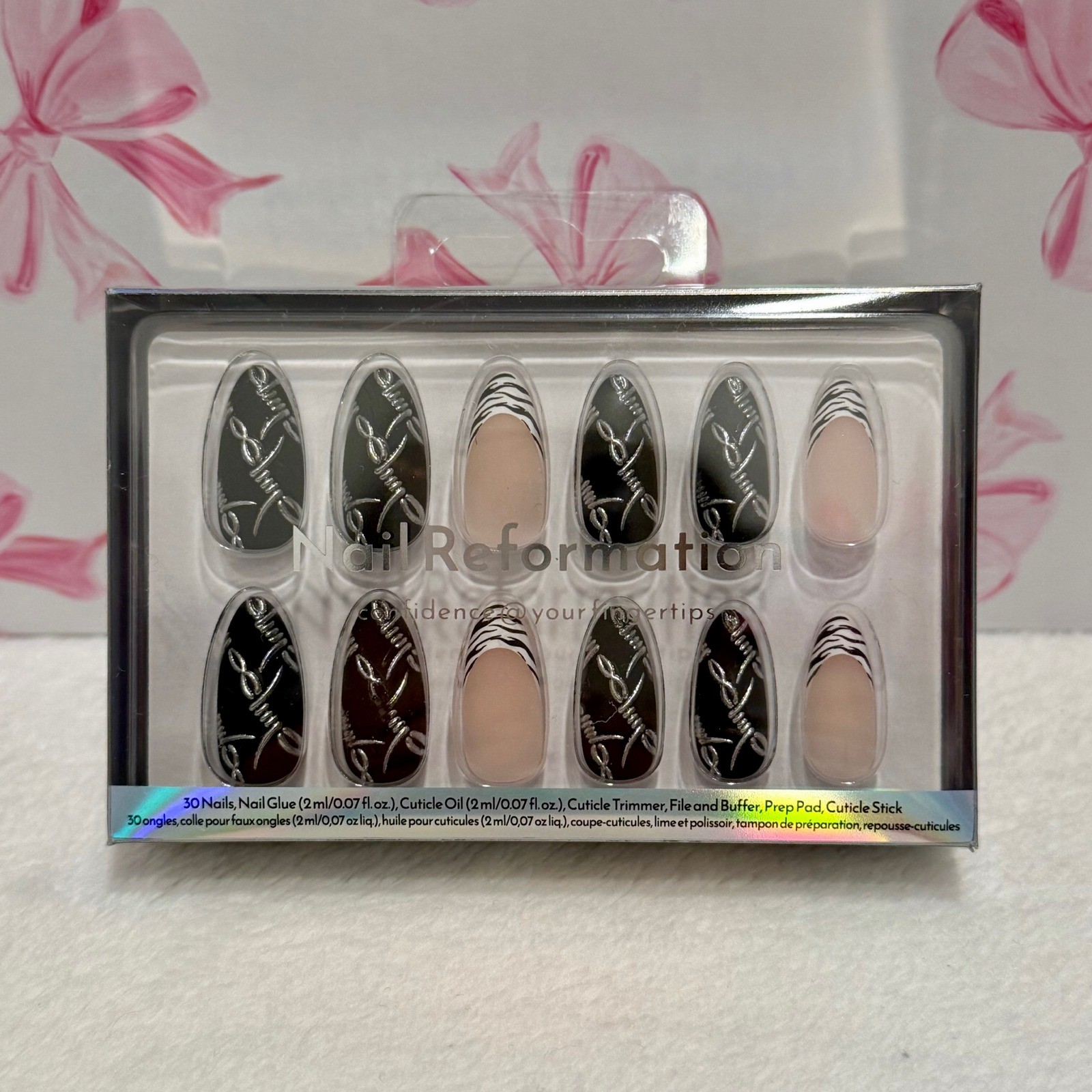 Nail Reformation Press On Nails Almond Black Silver Barb Wire Zebra New