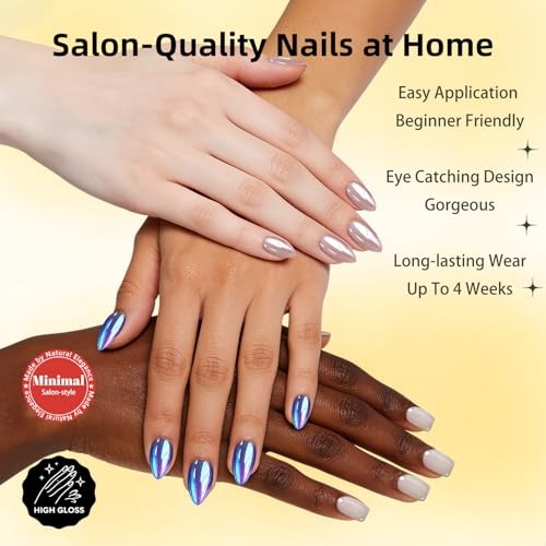 KQueenest Chrome Pastel Light Pink Press On Nails, 30 Pcs Almond Fake Nails
