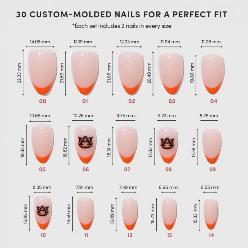 Auburn Tigers Press-On Nails: Almond Shape, Gloss Finish, 30 Pieces