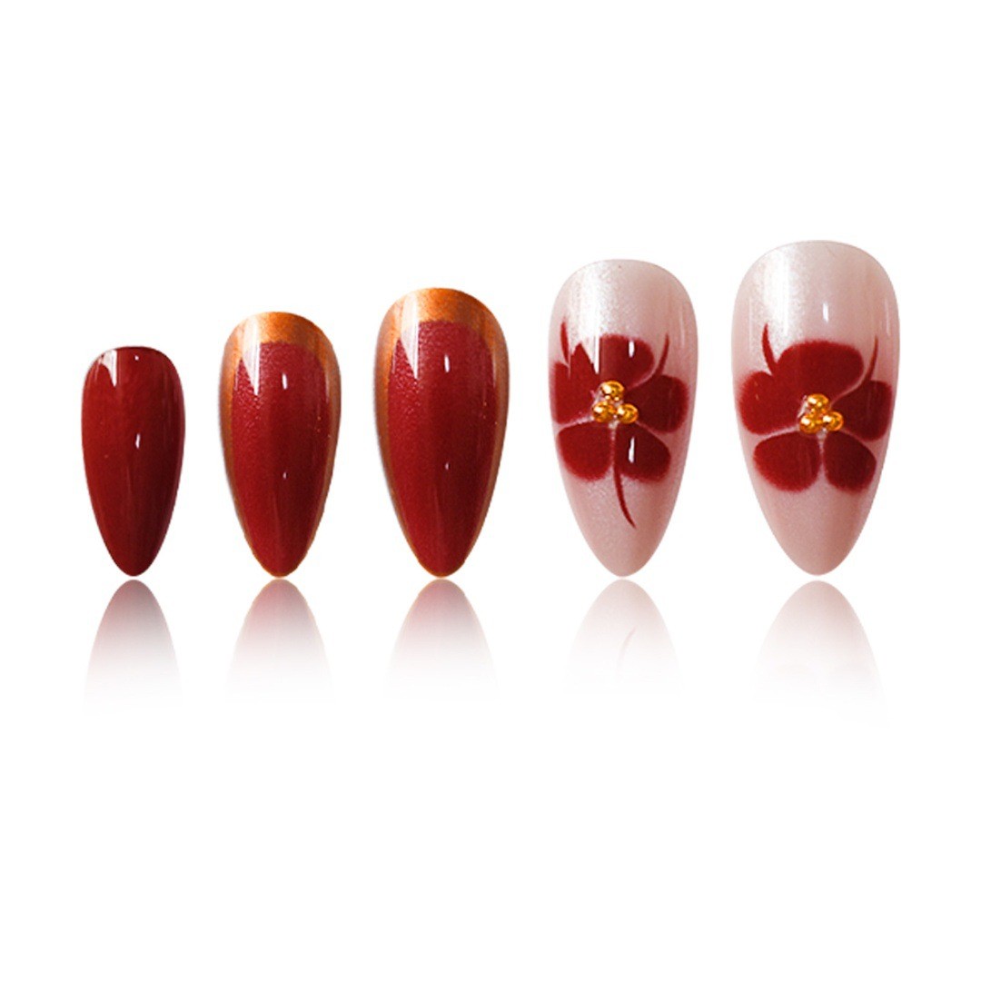 Red Gold Gradient Metallic Floral Line Nails INS Style Press On Nails Wholesale