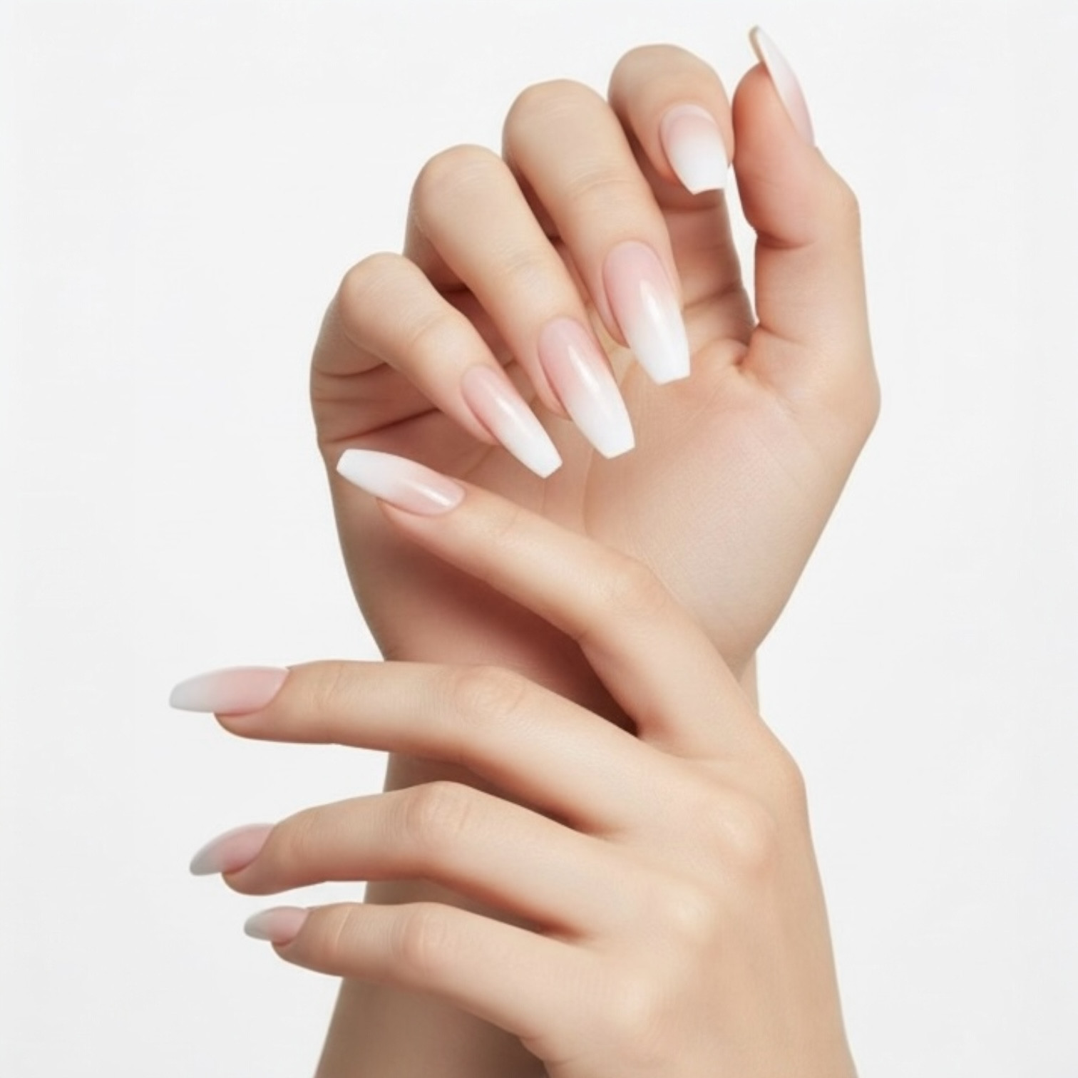 Natural Nude Ombre White French Press On Nails Extra Long Ballerina Fake Nails