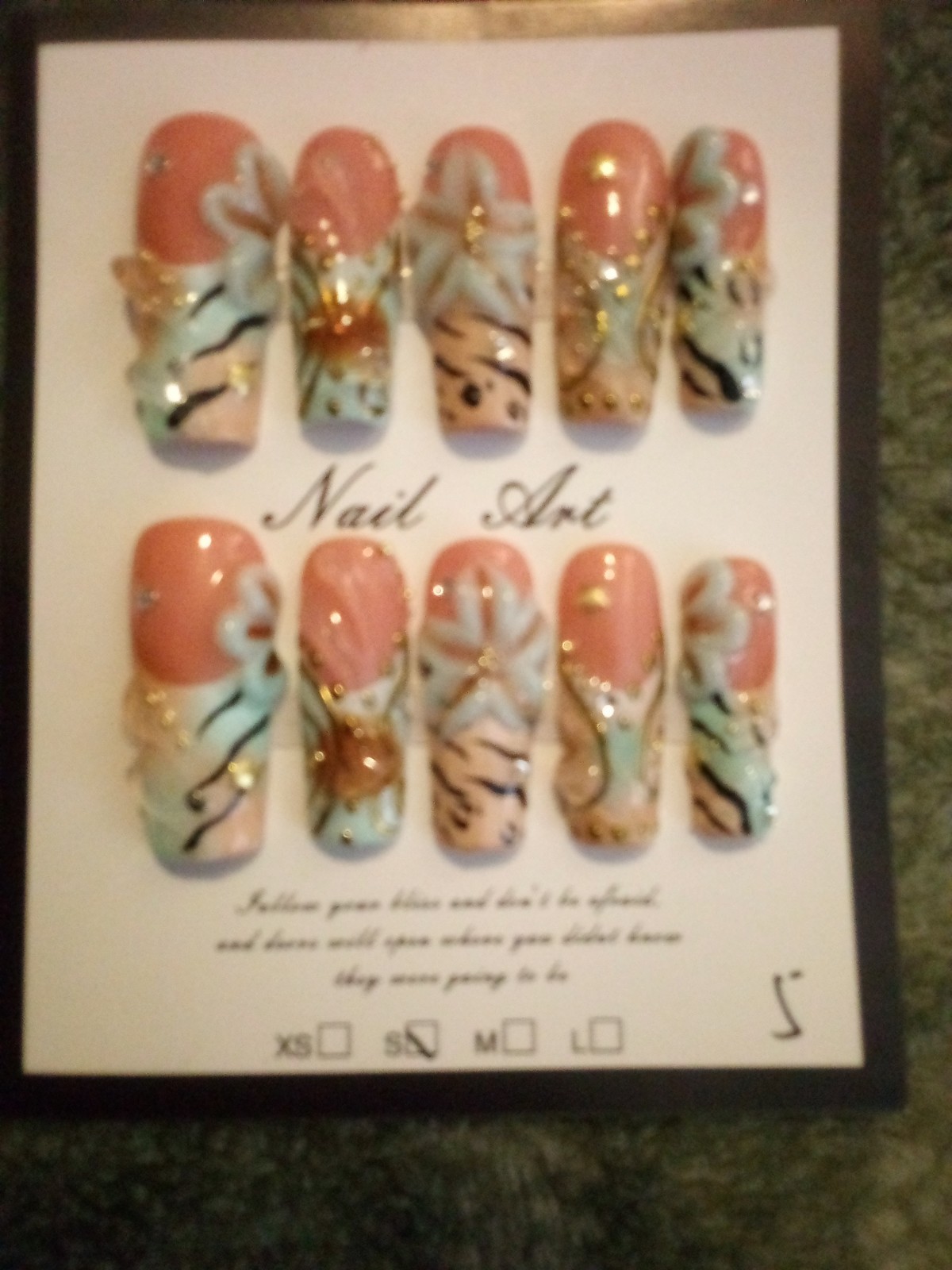 Fashion 3D Press-On Nails Peach Blue Gold medium Square Animal Floral