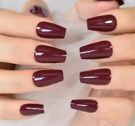 Dark Red Glossy Medium Coffin Press on Nails