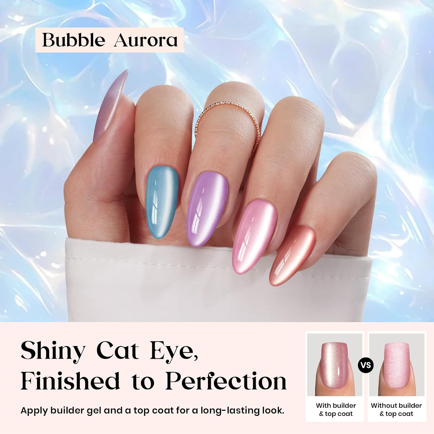 X Press Gel Nails Kit – Bubble Aurora | 7 Colors Cat Eye Press on Nails Medium A