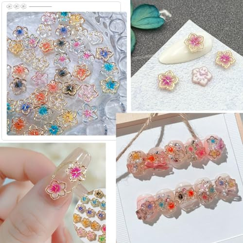 50Pcs Flower Nail Charms 3D Lovely Flower Charms Nail Rhinestones Gold Edge