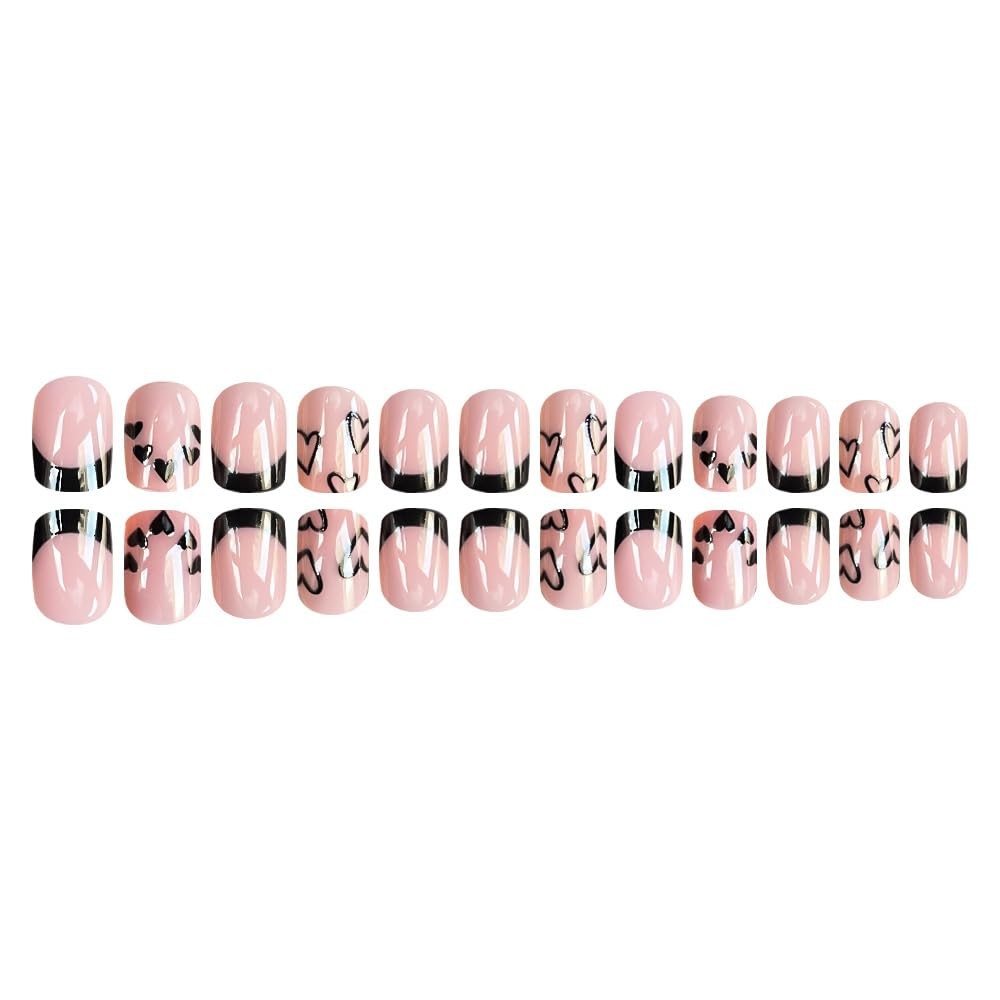 Valentines Black French Tip Press on Nails Short Square Fake Nails with Black…