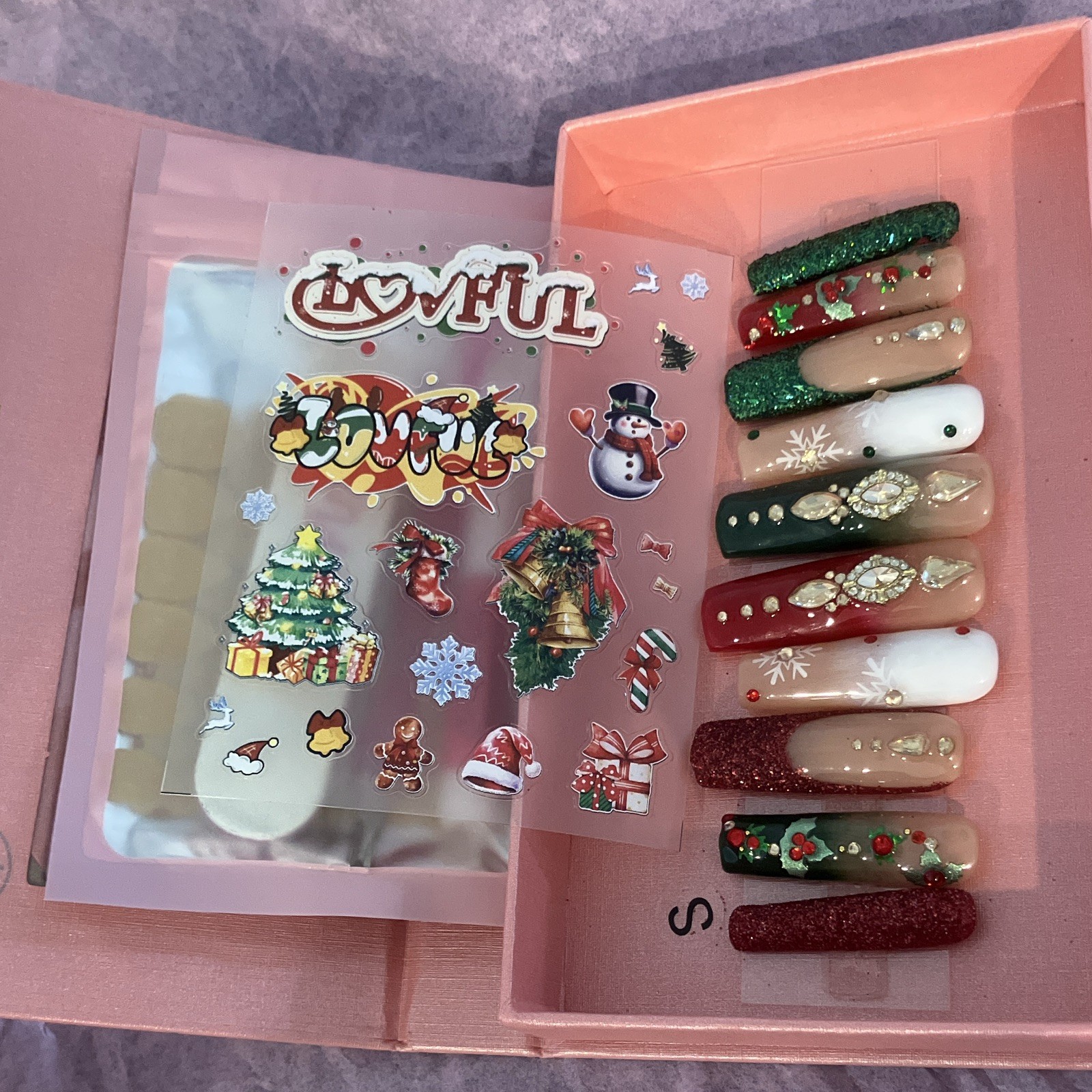 LOVFUL Christmas Glitter Multicolor Coffin Long Full Cover Press-On Nails