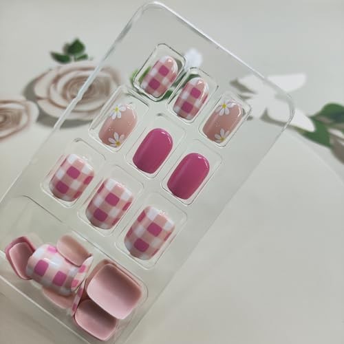 Flower Press on Nails – Spring Short Square Fake Nails with Daisy Gingham Pink