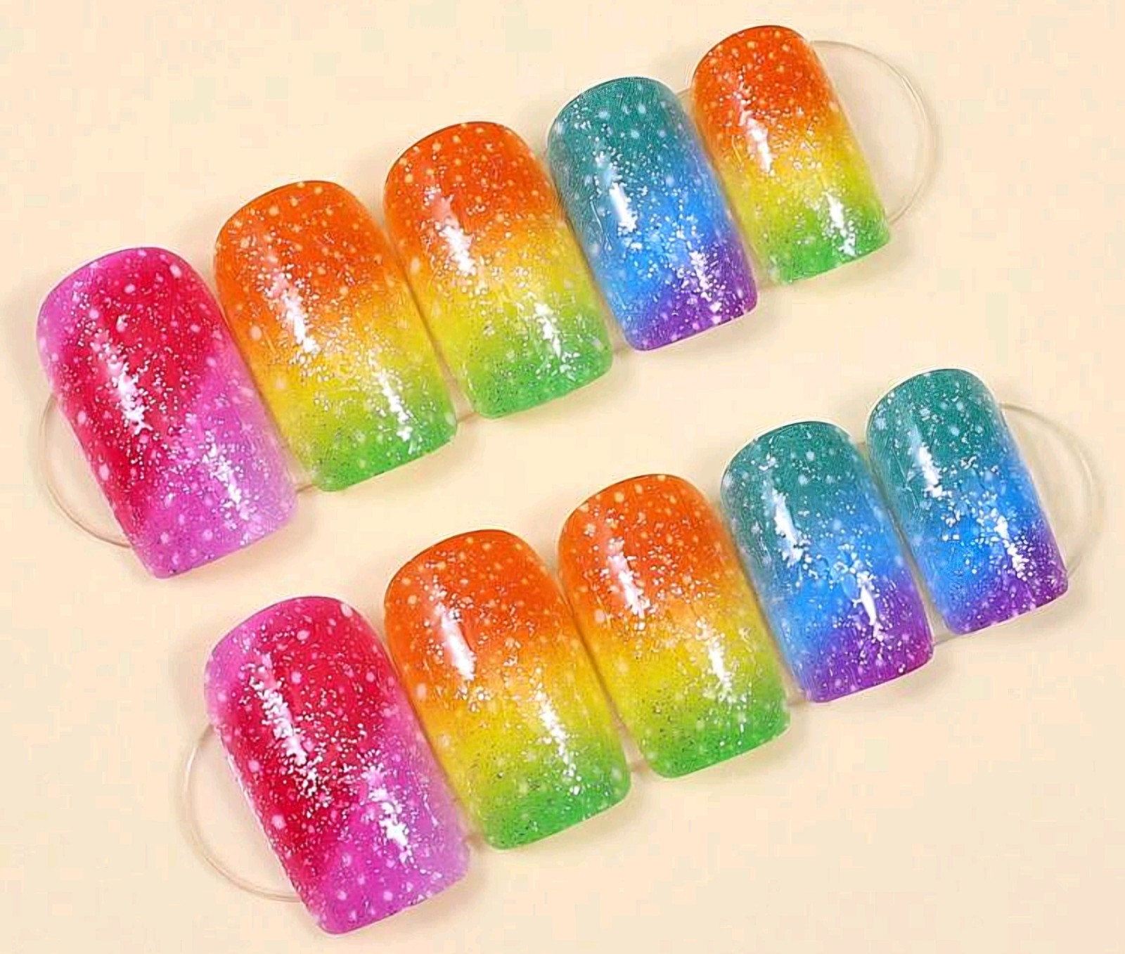 Press-On Nails Summer Multi-Color Rainbow Bright Medium Coffin Textured Glitter