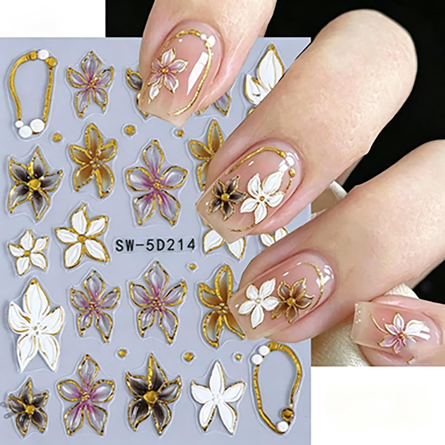 5D Embossed Gold Line Flower Nail Stickers – 2 Sheets Self-Adhesive Pink Floral