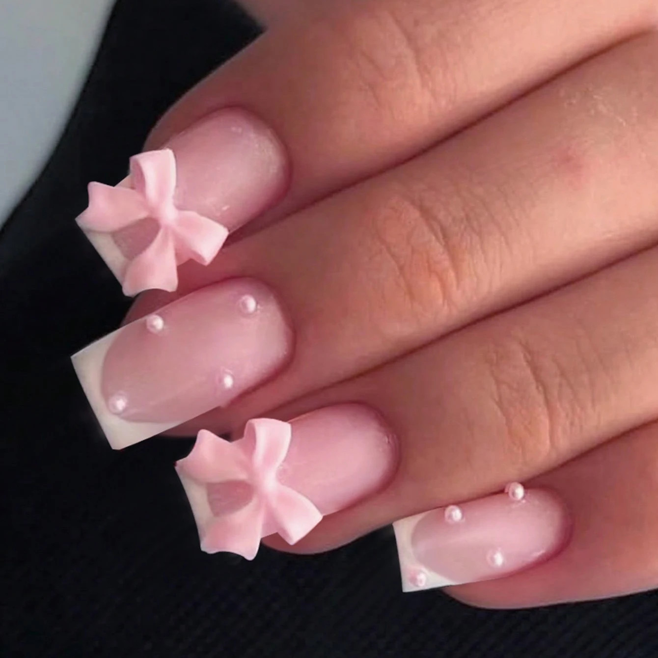 24pcs Short Square Press On Nails Cute Bride Heart White French Tips False