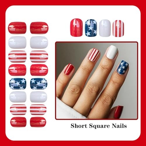 4th of July Press On Nails – Short Square Fake Nails – Patriotic Indep Nails – 7