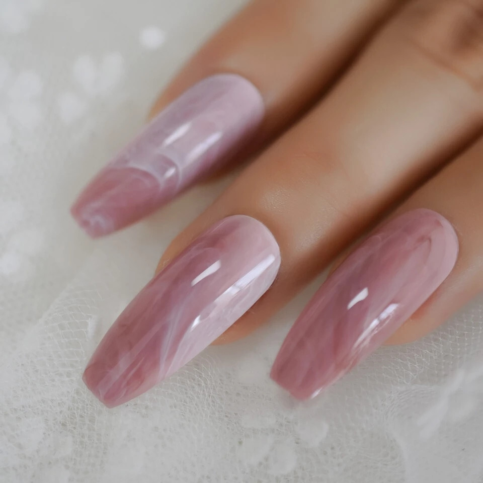 24 Press on Nails kit w Glue extra long Coffin Pink quartz marble mauve