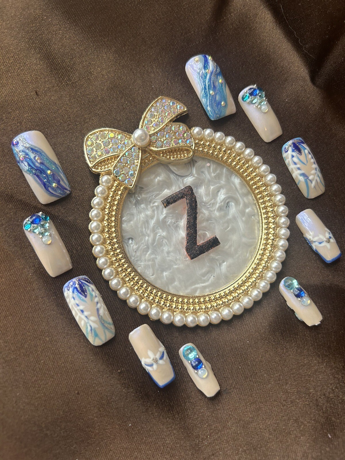 Z NAILZ! Handmade L Square Nude W/shades Of Blue Freestyle Design Press On Nails
