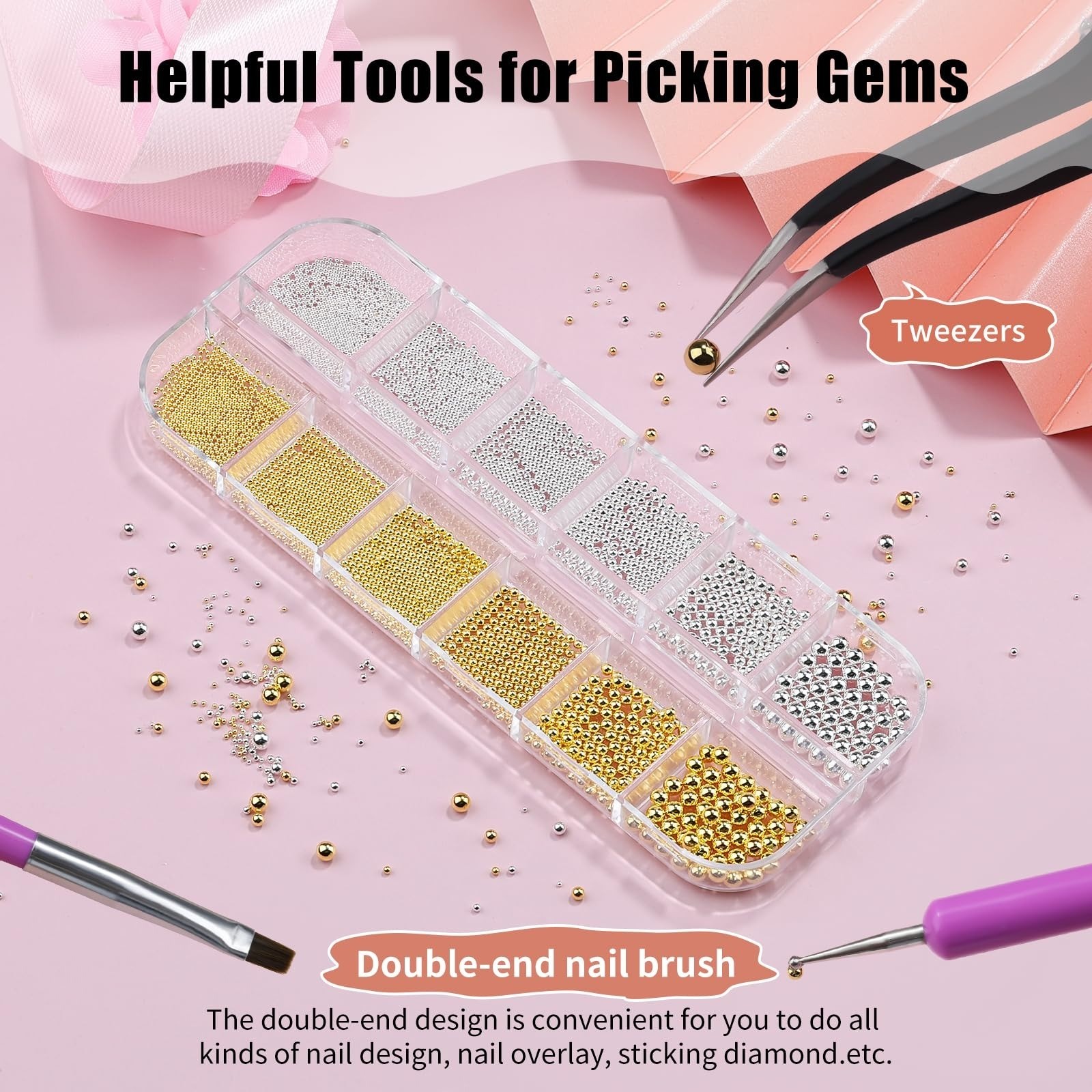 3D Mini Metal Caviar Nail Beads – Gold Silver Alloy Nail Art Charms