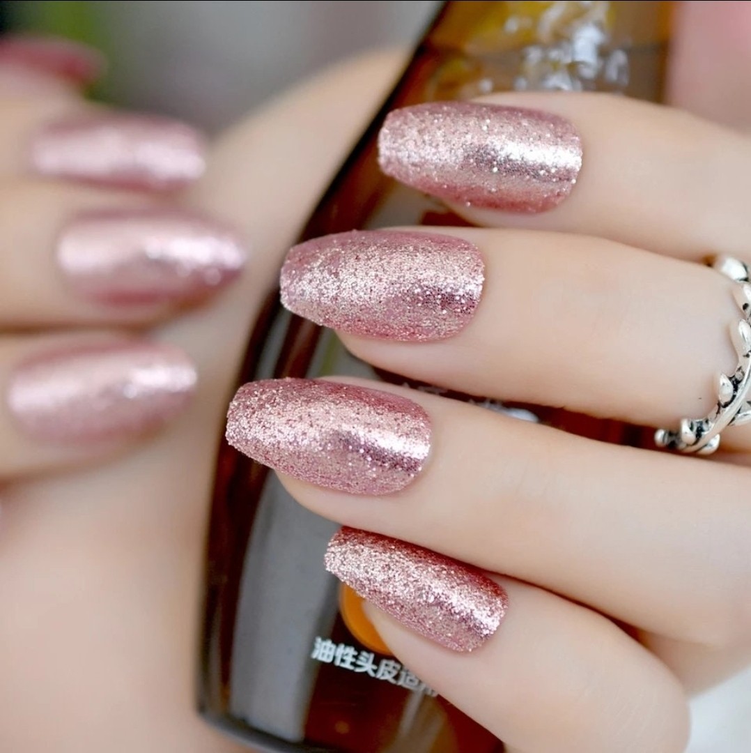 24 Pink Rose Gold Glitter Press on nails kit w/ glue Medium Coffin sparkle