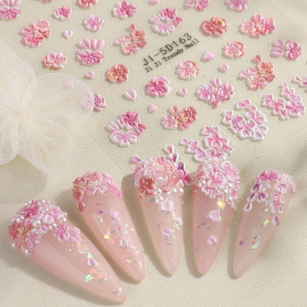 5D Embossed Flower Nail Stickers for Women Manicure Decor, 5D Acrylic Carved Flo
