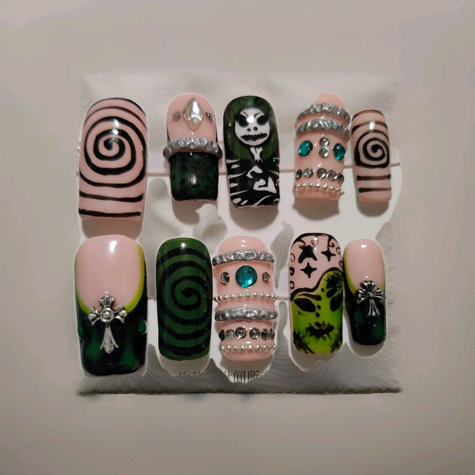 Green Pink Black Square 3D Alien Cross Swirl Shiny Press-On Nails Full Cover