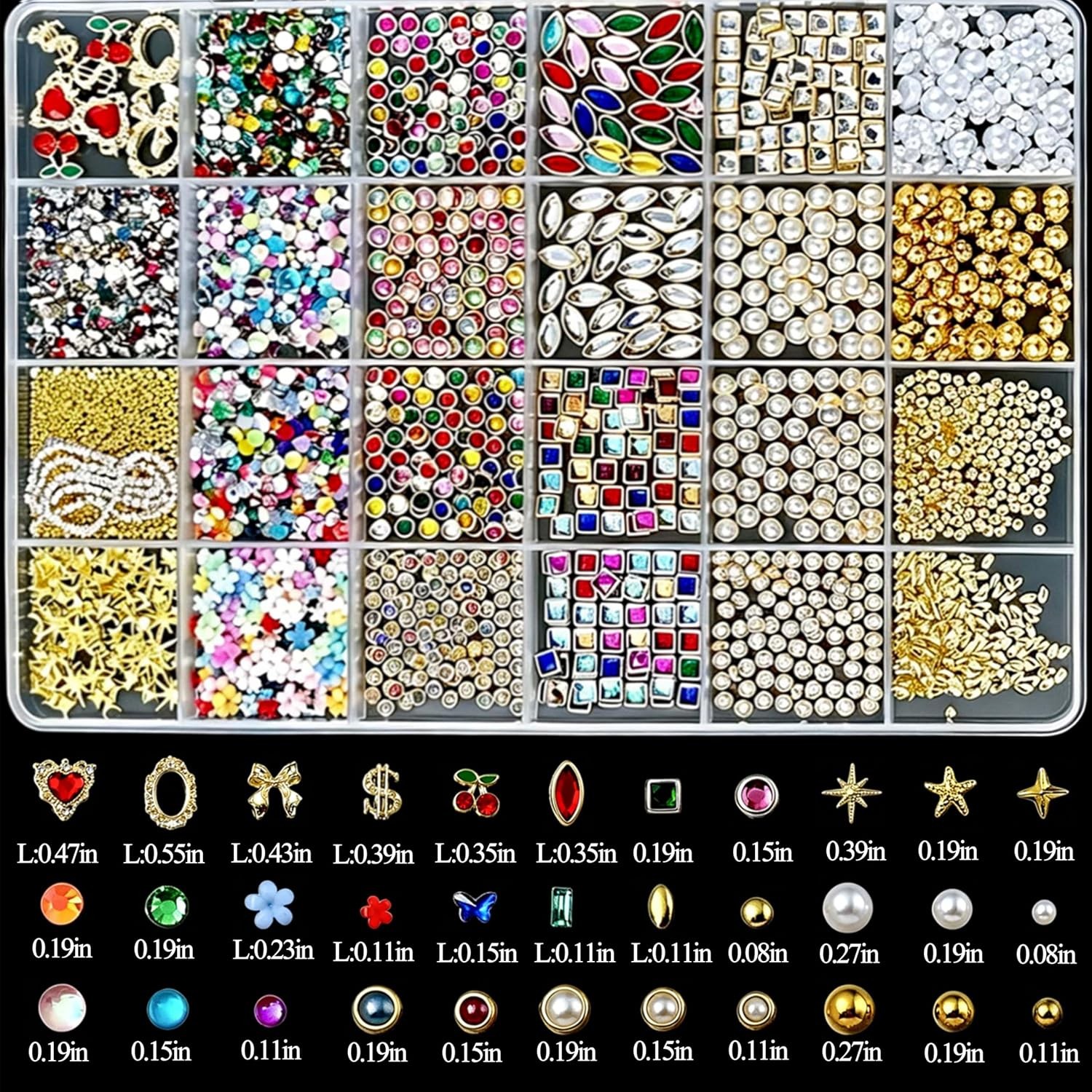 3D Nail Charms & Gems Kit: Vintage Pendants, Rhinestones, Pearls, 24 Grids