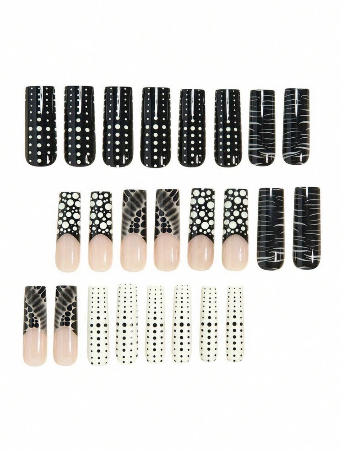 24pcs Punk Rock Transparent Marble Crocodile Print White Polka Dot Press-On Nail