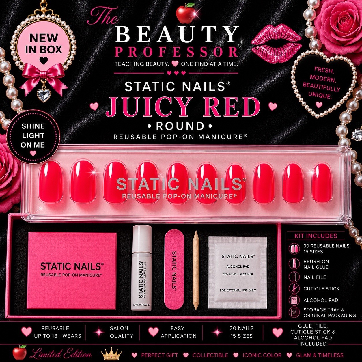 💅 Static Nails Juicy Red Round Reusable Pop-On Manicure New In Box