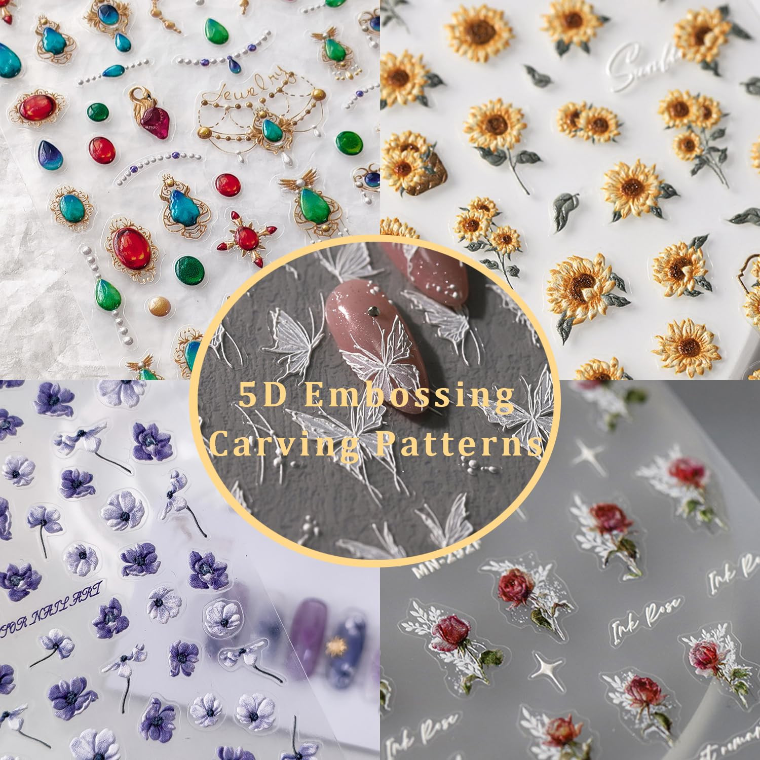 Flower Nail Art Stickers 5D Embossed Purple Floral Nail Stickers for Nail Art Se