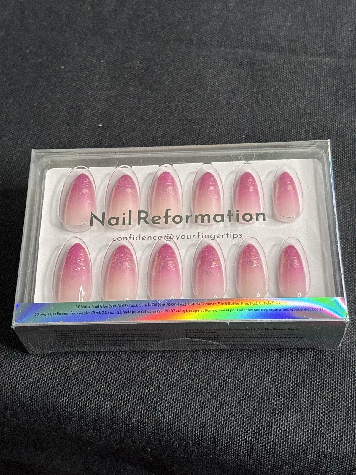 Nail Reformation Pink White Ombre Shiny Almond Long Press-On Nails Glue A302