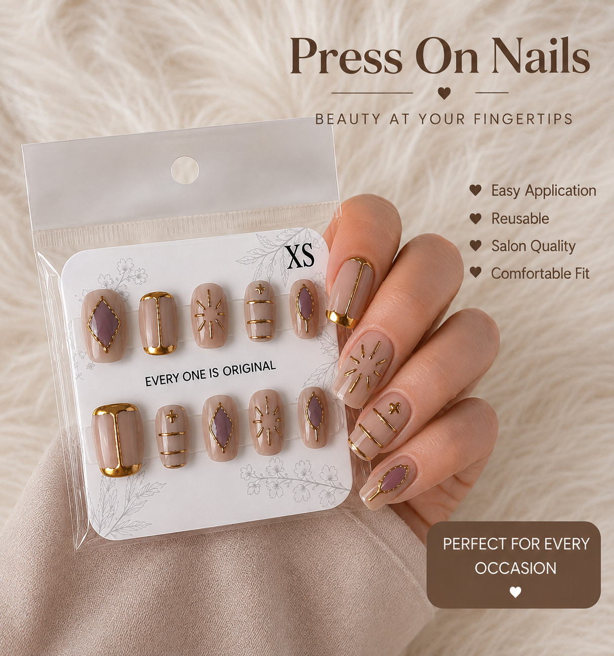 Glossy Nude Taupe Press On Nails | Square Gold Minimalist Nail Set – Extra Small