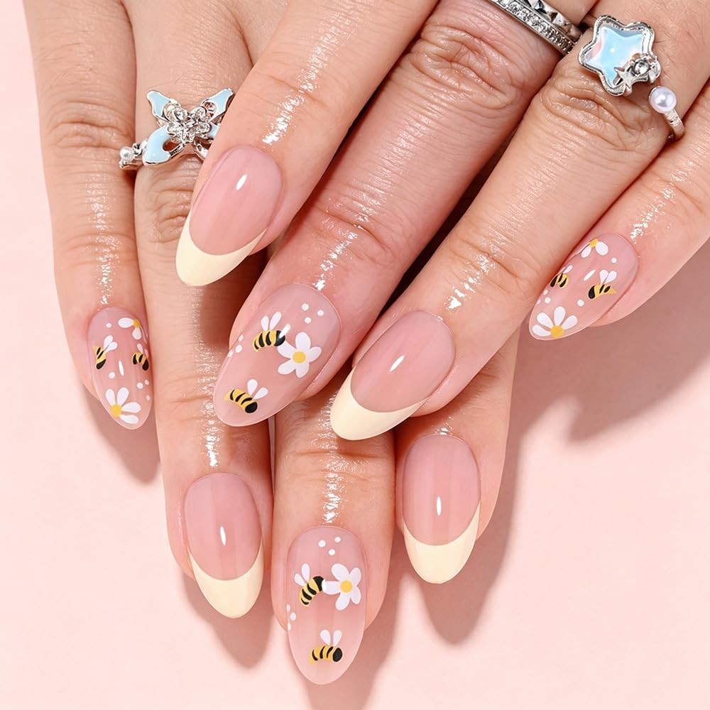 evpct Pale Nude Press on Nails Short Almond with Flower Bee Design, French Ye…