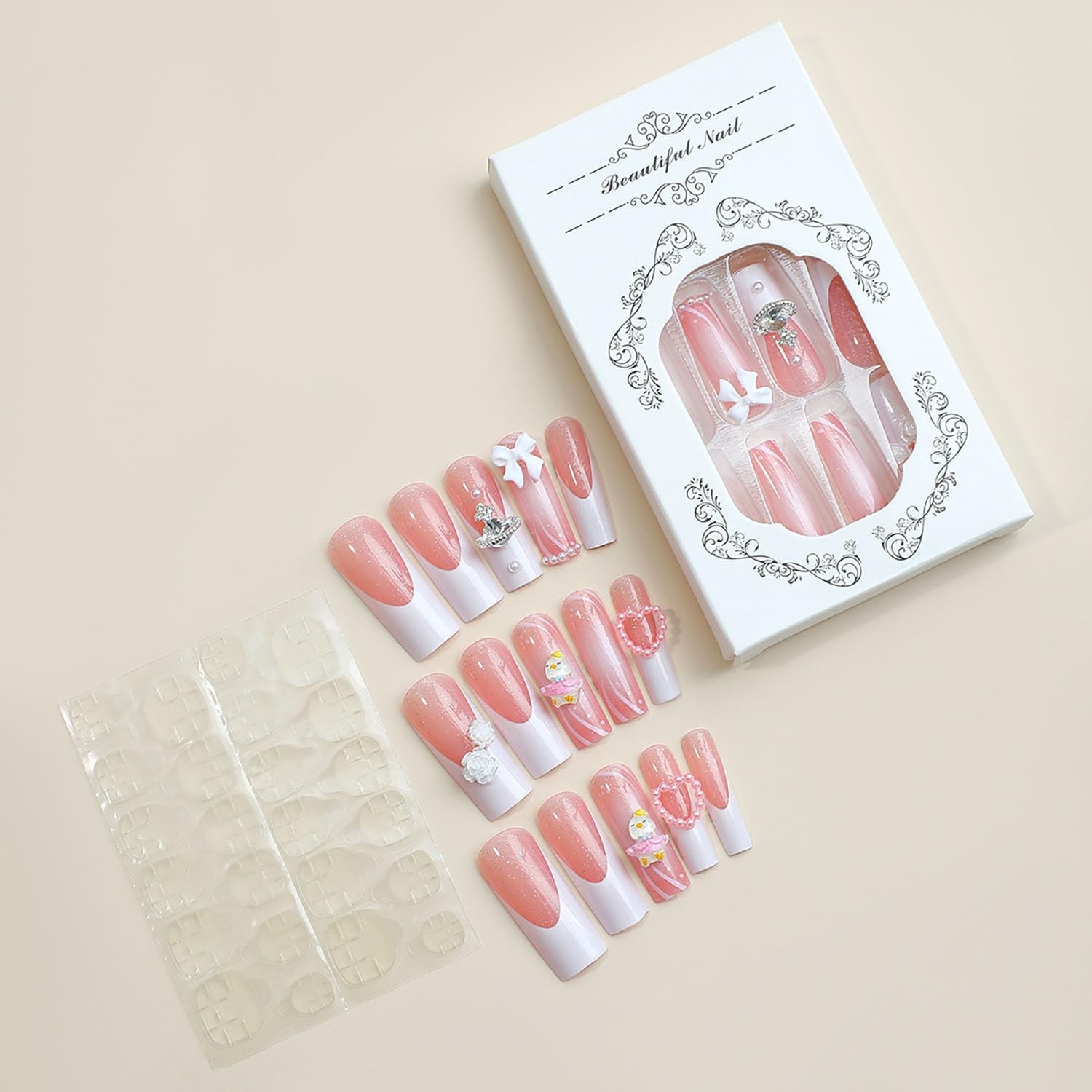 Long Square Press on Nails with Charm French Tip Fake Nails Full Cover Bow He…