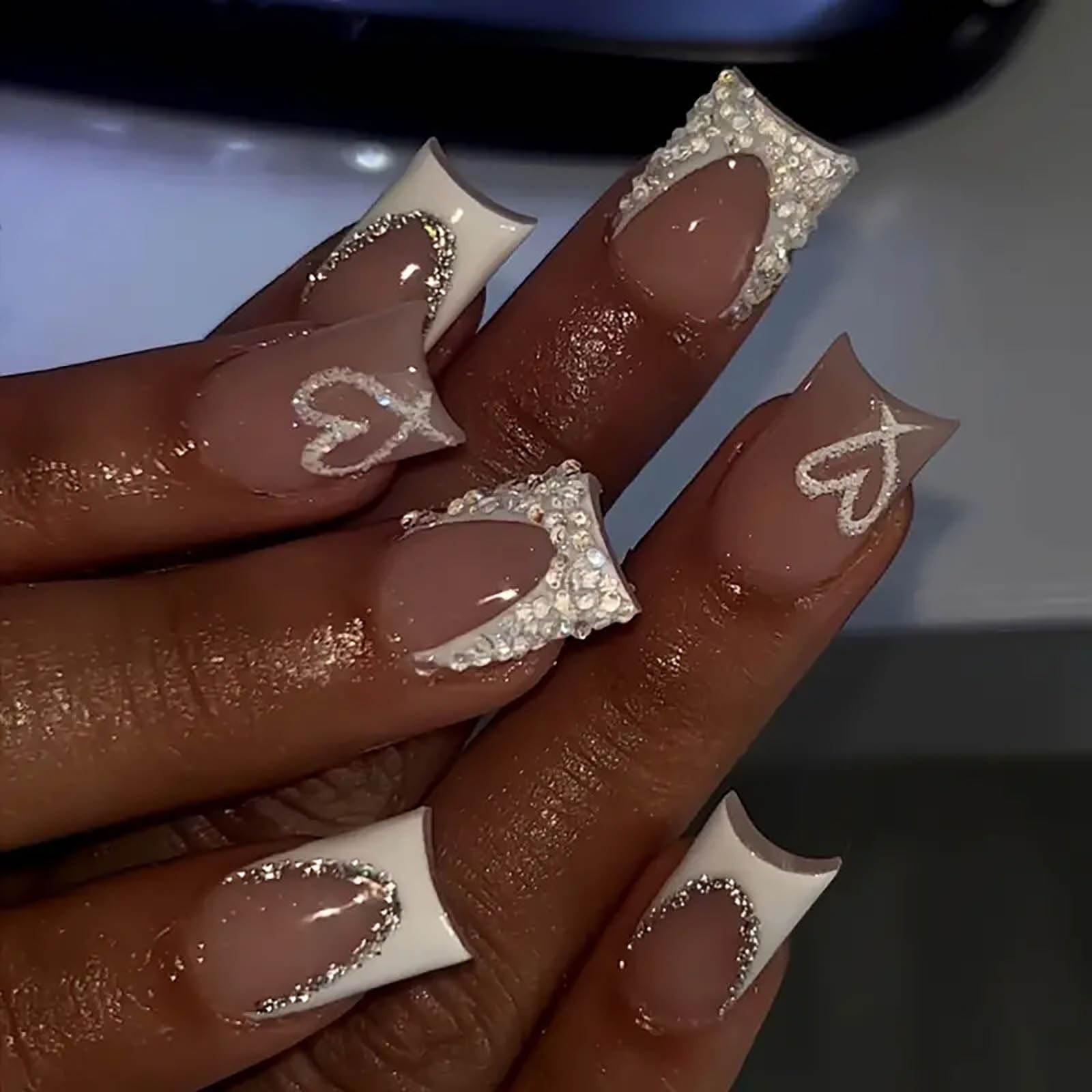 Nude Square Press on Nails Short Length,White French Tips Fake Nails with Rhi…