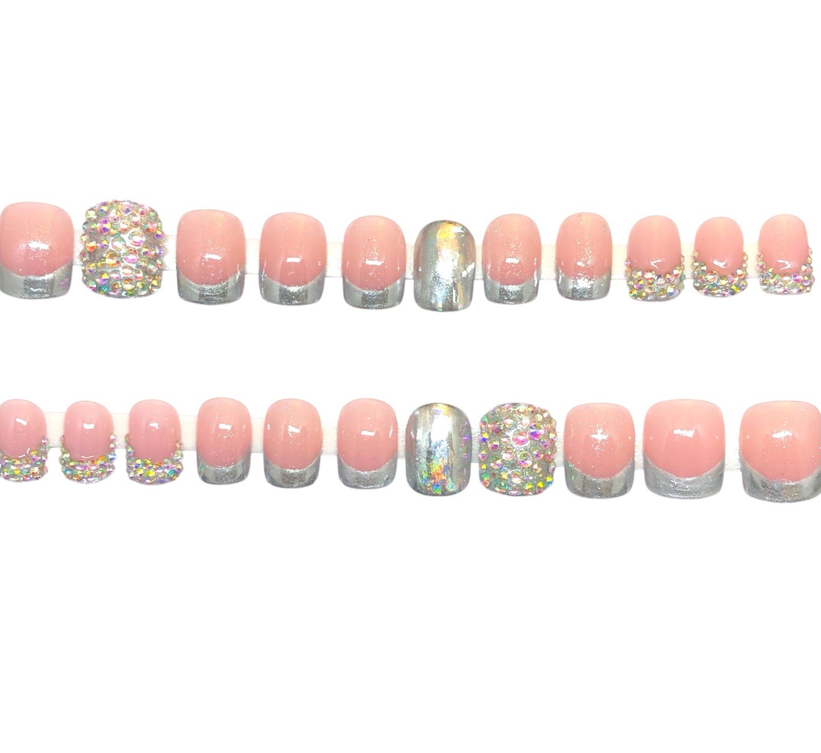 Handmade Custom Press on Nails UV Gel Short Square Pink & Silver Nails Bling