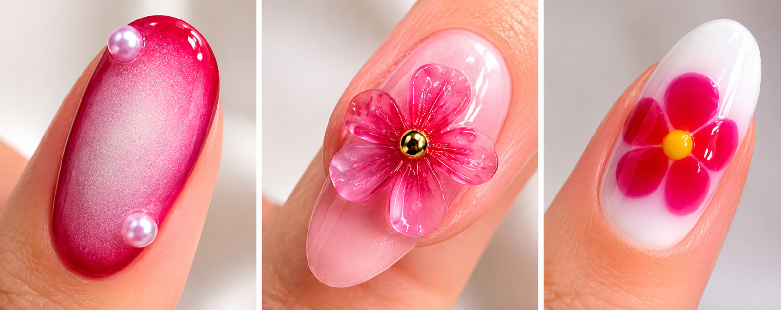 24Pcs Middle Length Pink White French Press On Nails 3D Pearl Almond