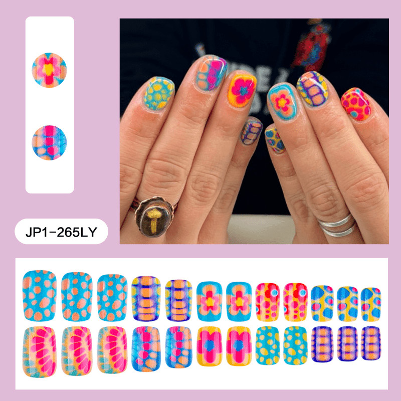 48P Short Square Press on Nails,Neon Colorful Floral Polka Dot Trendy Fake Nails