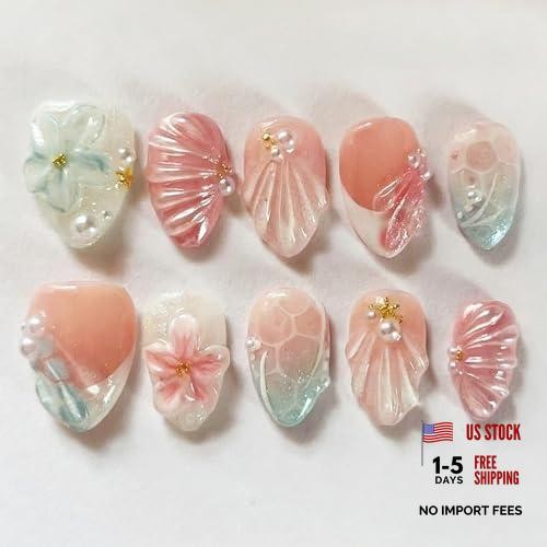 24Pcs Beach Press on Nails – Extra Short Almond Fake Nails – 3D Flowers Starfish