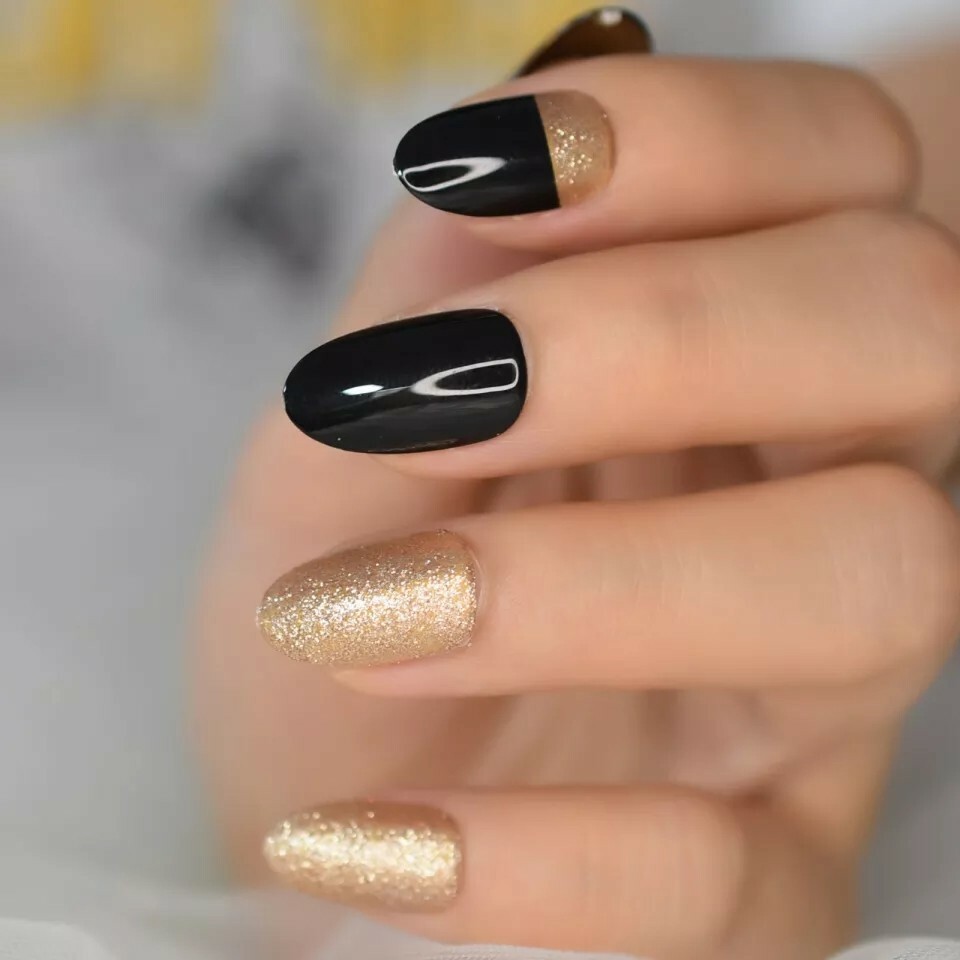 24 Black gold glitter Press On Nails w/ Glue oval medium short almond tip
