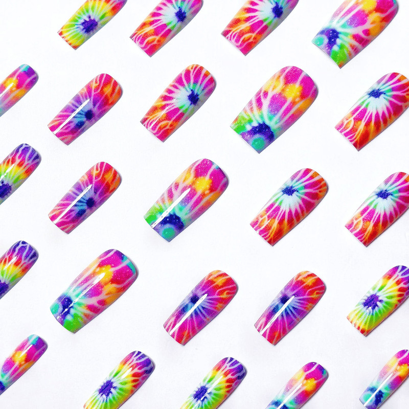 48P Medium Coffin Press on Nails, Rainbow Tie Dye Swirl Colorful Fake Nails