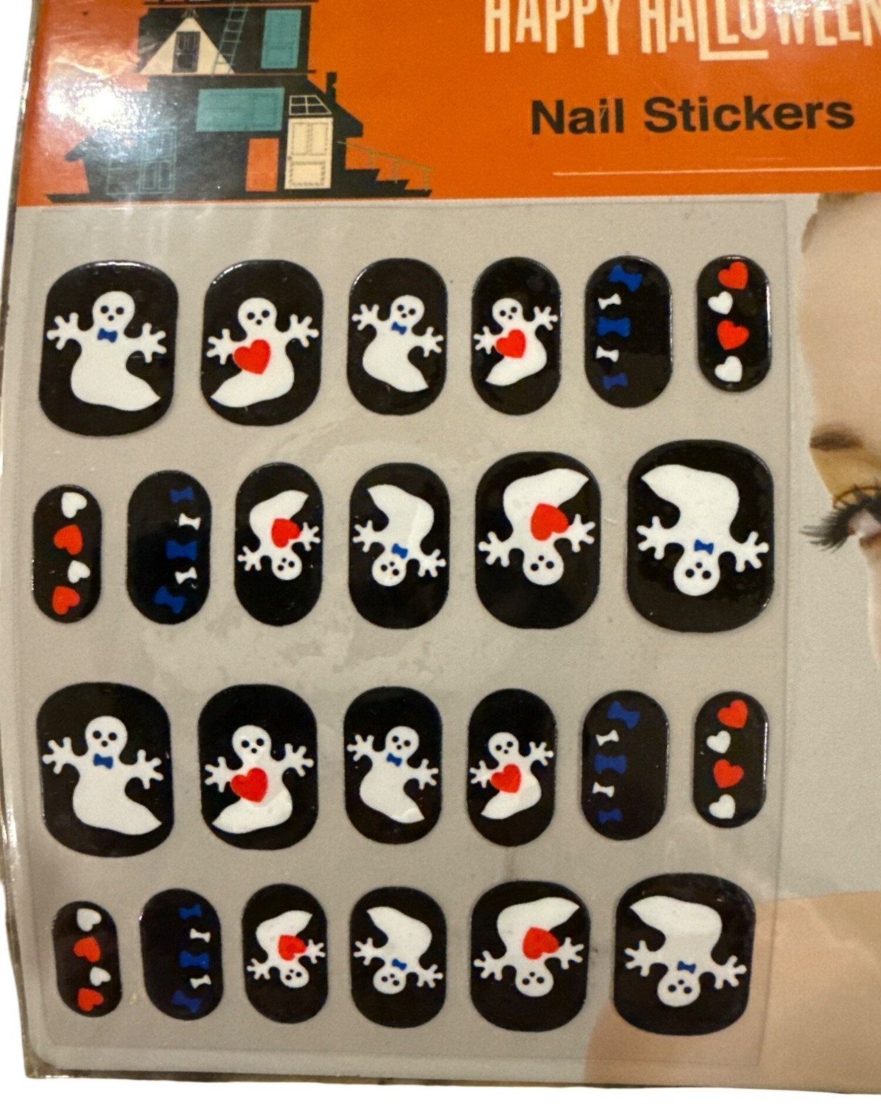 HAPPY HALLOWEEN 92-647283 24 Nail Art Stickers Black+White+Red GHOST Bow HEART