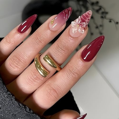 24Pcs Flower Press on Nails Medium Almond Fake Nails with Burgundy French Style