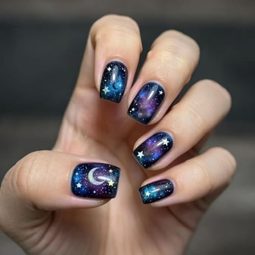 24Pcs Dark Starry Sky Press on Nails – Short Square Fake Nails with Moon a11