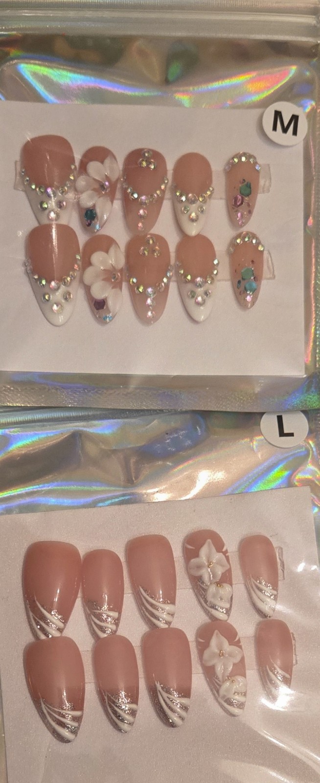 Multicolor 3D Press-On Nails Set Acrylic Oval Square Flower Heart Medium Long