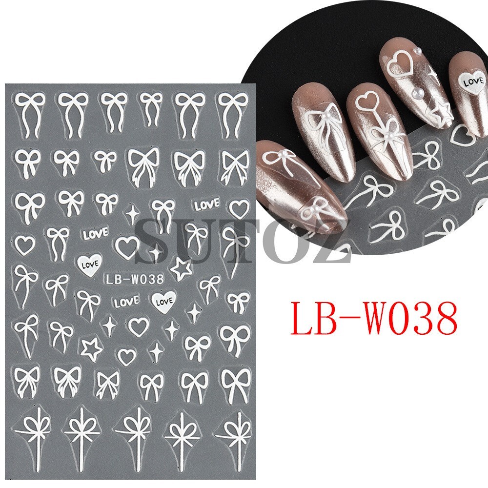 4Sheets Heart Bows Nail Art Stickers 3D Self-Adhesive Decals Bow Tie French NH28