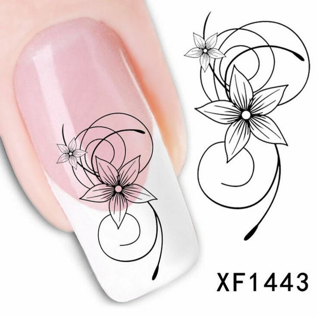Nail Art Water Transfer Sticker Decal Stickers Pretty Flowers White Black XF1443