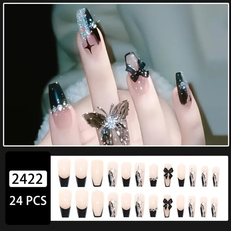 New – 3D Rhinestones Nails Full Cover Stick 24 pcs ( Black Bow Rhinestones ) US