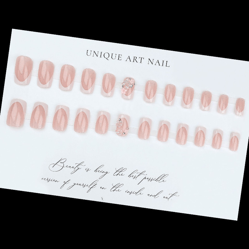 48pcs Short Square Press on Nails, Pink Glitter French 3D Flower Pearl Nails