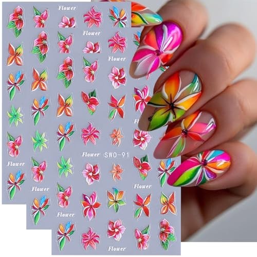 Flower Nail Art Stickers 5D Embossed Flowers Nail Decals 3PCS hawaii flower