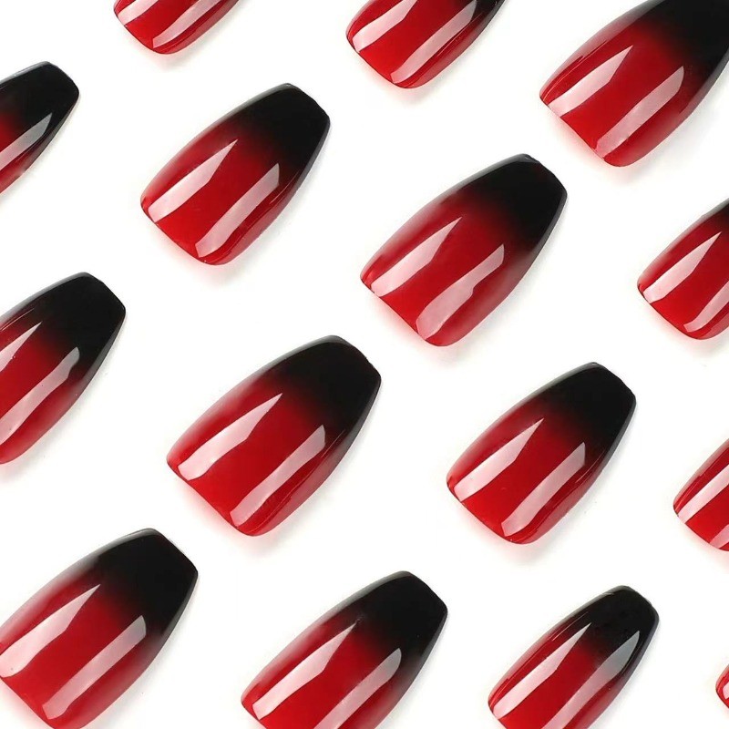 48pcs-Edgy Gradient Nails, Press on Almond with Black and Burgundy Ombre