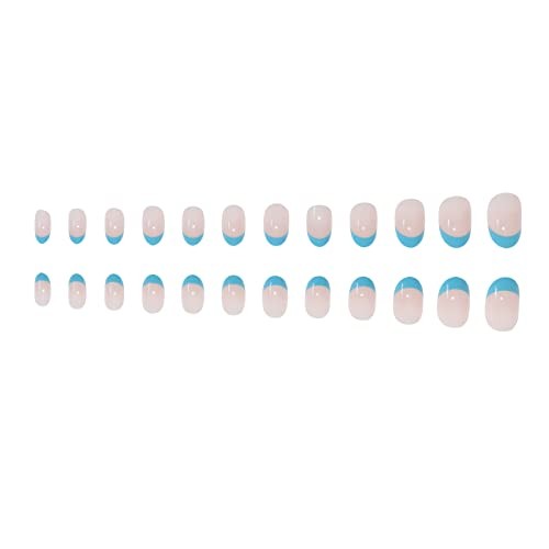Oval Press on Nails – Short Fake Nail – Blue French Tip Round Acrylic 0236ABlue