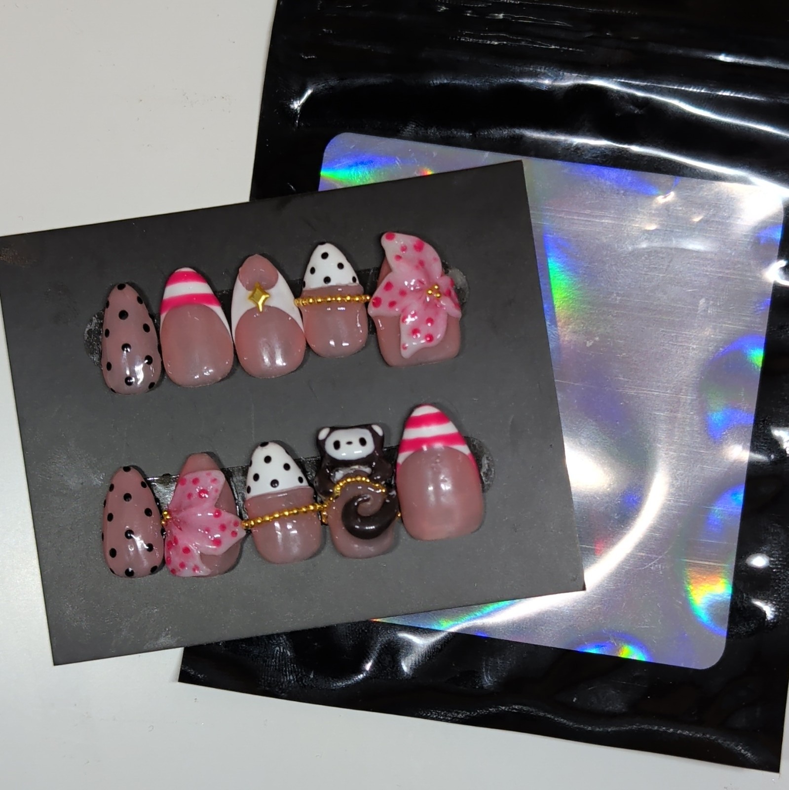 10 Piece Short Almond Press-On Nails, 3D Animal Theme, Pink White Black Gold